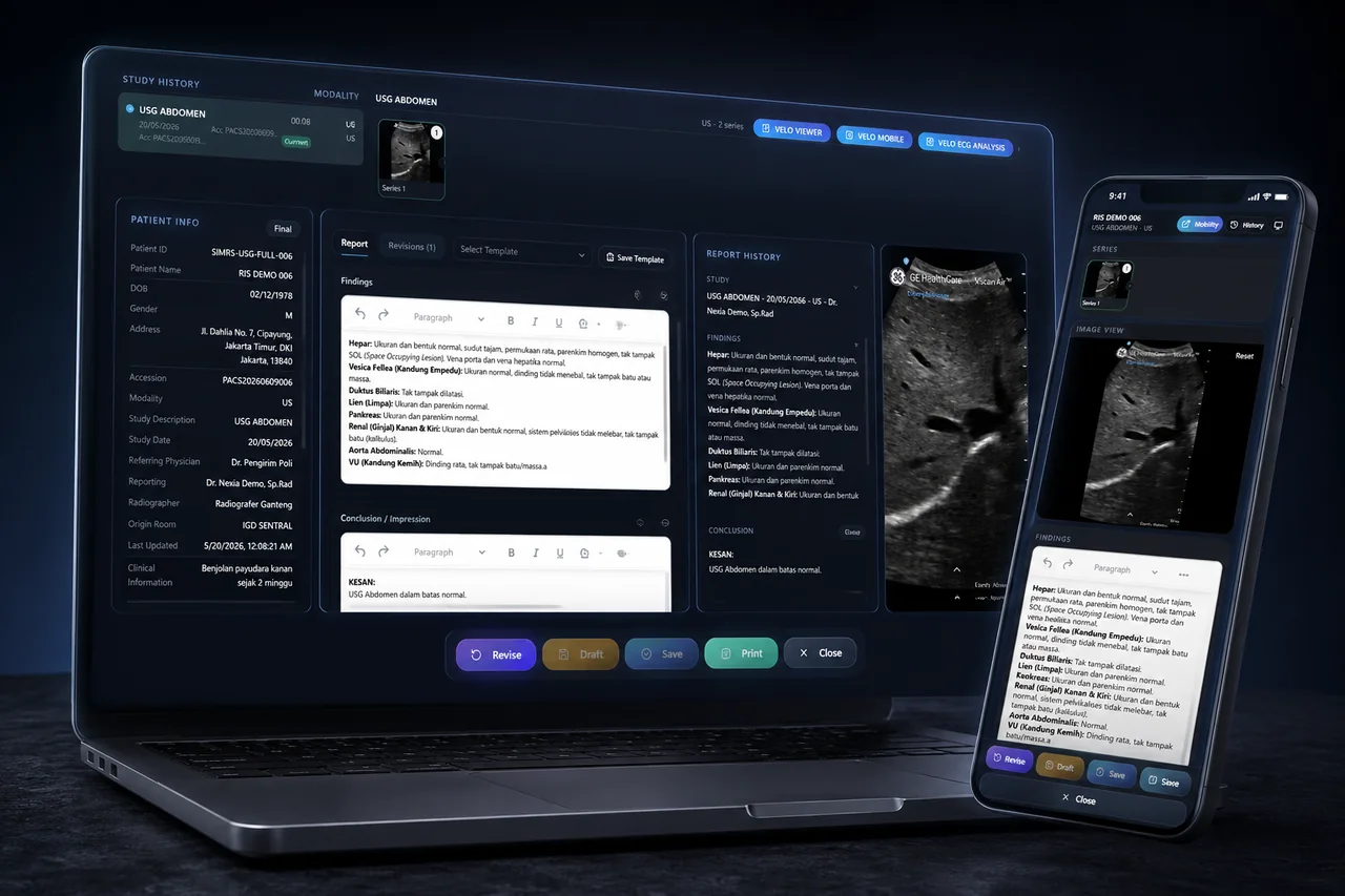VEXA RIS report workspace on a laptop with the mobile reporting view beside it: study history, patient information, findings and impression editors and report history.